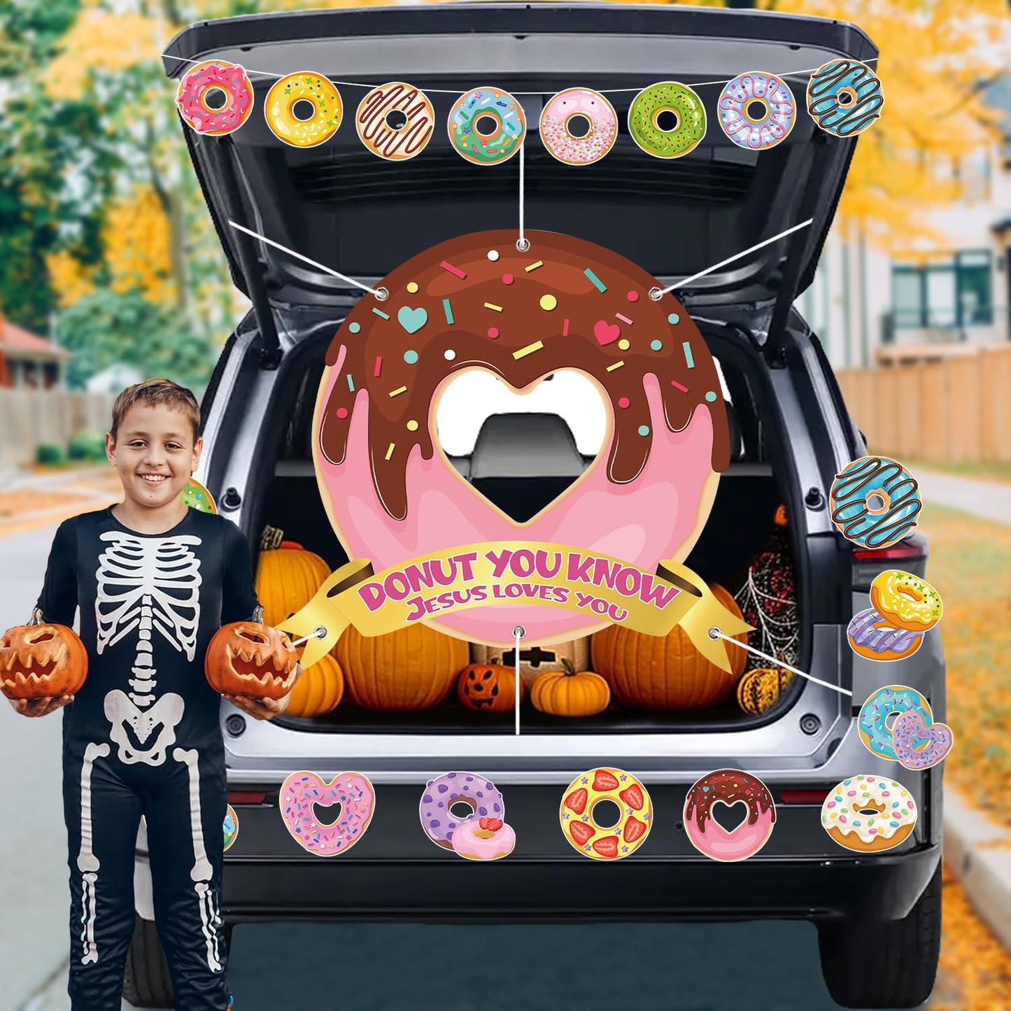 Halloween Donut Trunk or Treat Car Decorations Kit, Donut You Know Jesus Loves You Backdrop Donut Banner Stickers for Car Garage Door Decoration Halloween Party Decorations