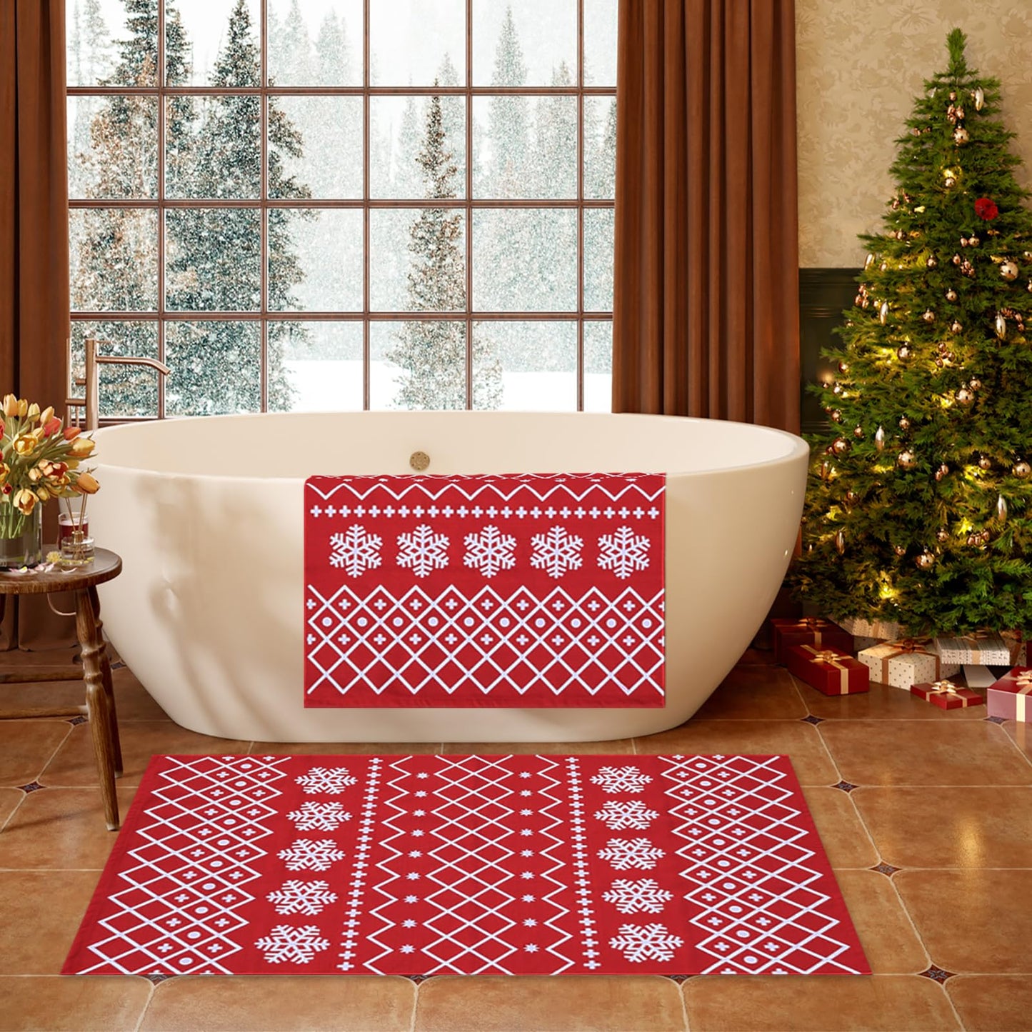 4' x 6' Christmas Area Rug Red Snowflake Pattern Washable Indoor Carpet Holiday Decor for Entryway Bedroom Kitchen Living Room Soft Low Pile Winter Floor Mat Home Accent Rug