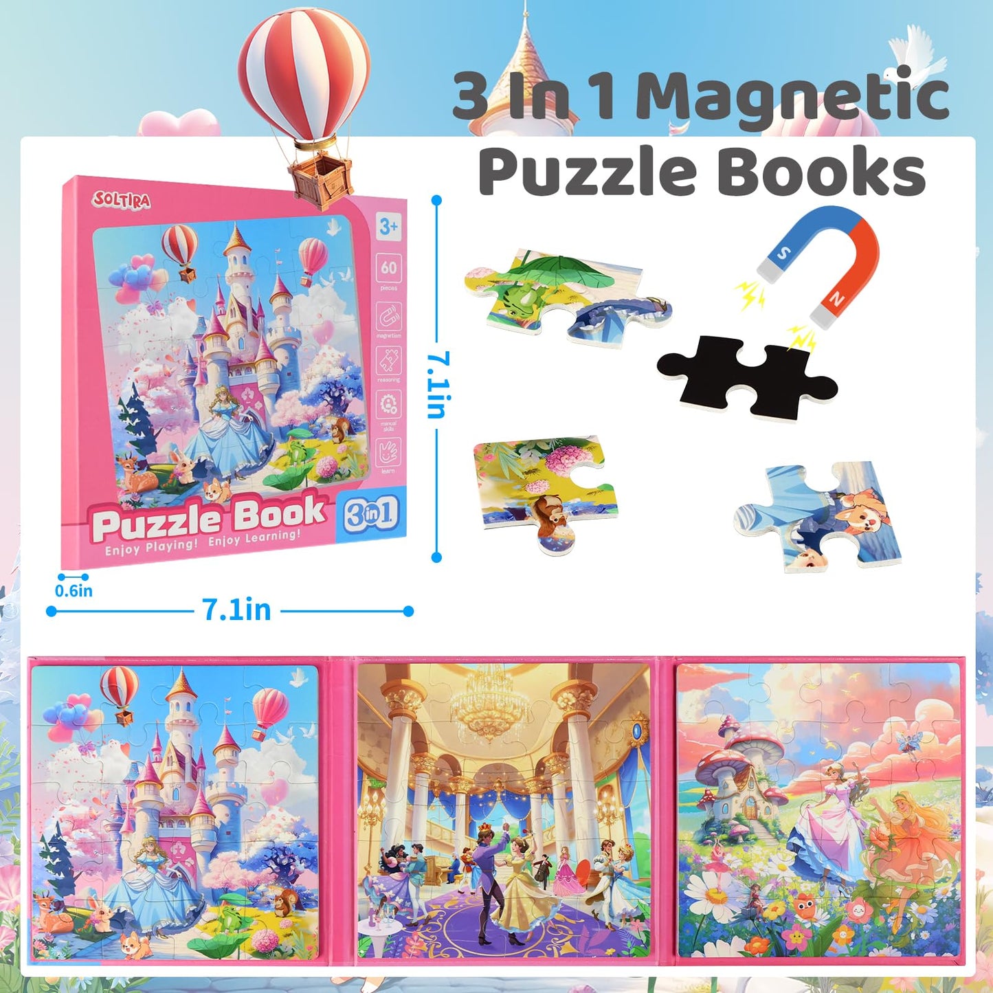 Princess Magnetic Puzzles for Toddlers 3-5 3 * 20 PCS Princess Themes Puzzle Magnetic Puzzles for Girls 4-6 Travel Puzzles or Airplane/Car/Road Trip Gift Toys for Girl 4-8 Years Old