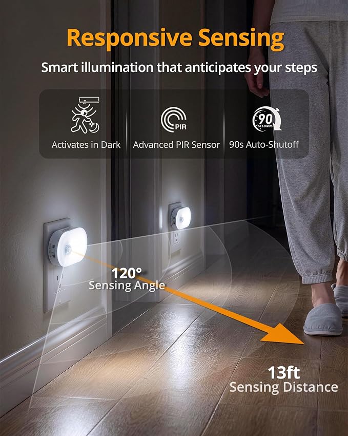 Lyridz 120LM Ultra Bright Plug-in Motion Sensor Night Light, Stepless Dimmable LED Nightlight, Always-On and Auto-Off, for Hallway, Stairs, Bathroom, Bedroom, Garage, Cool White (4-Pack)
