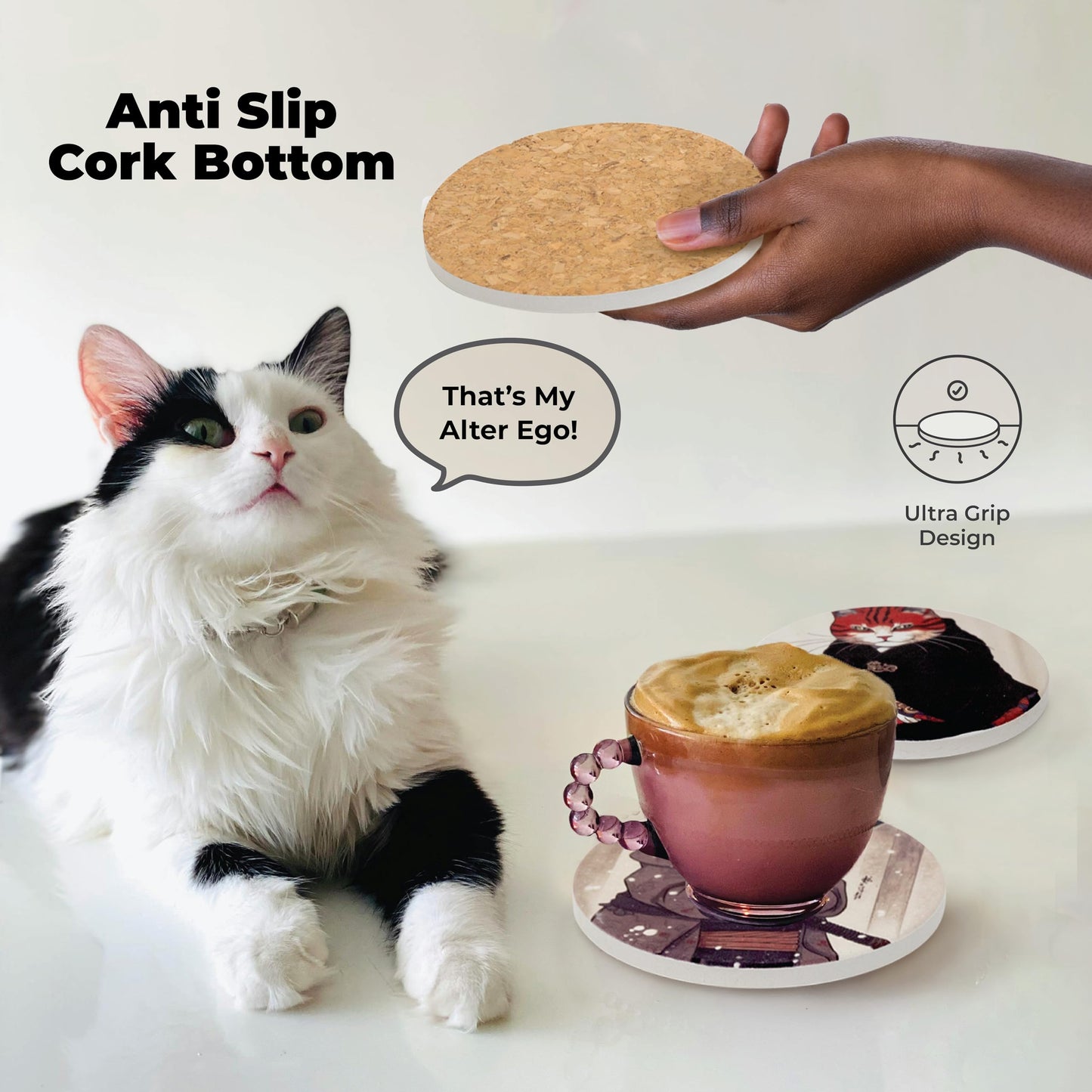 Ninja Cat Coasters - Anime Cat Decor - Set of 6 Drink Coasters with Holder, Funny Coasters, Anime Gifts for Men
