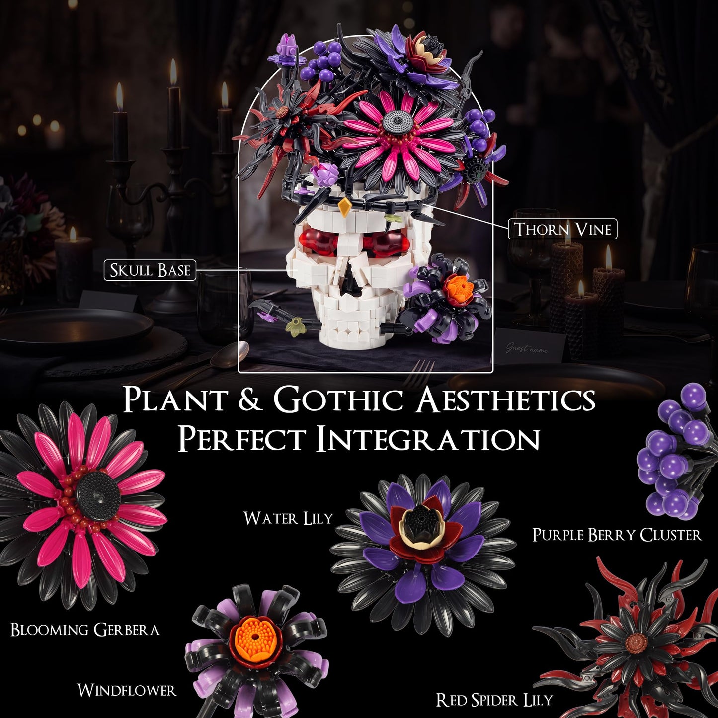 Skull Flower Bouquet Building Set, Wildflower Botanical Collection Kit for Adult Women, Horror Gothic Skeleton Decor for Goth Home Table Art Decor, Girlfriend/Mom/Wife/Couple Gift, Halloween Birthday