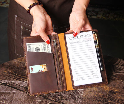 Server Book Organizer with Zipper Pocket, Genuine Leather Restaurant Guest Check Presenters Card Holder for Waitress, Waiter Accessories Fit Server Apron - Brown