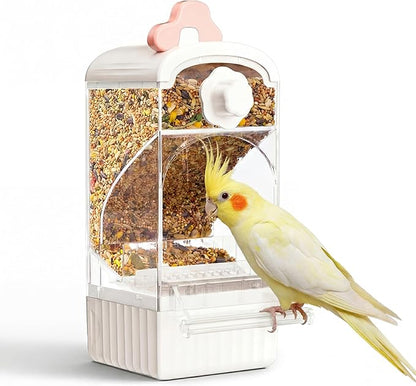 Bucatstate Automatic Bird Feeder Self Cleaning Large Capacity No Installation Required with Waste Drawer for Parrots Budgies Cockatiels Canaries and Small Birds (White)