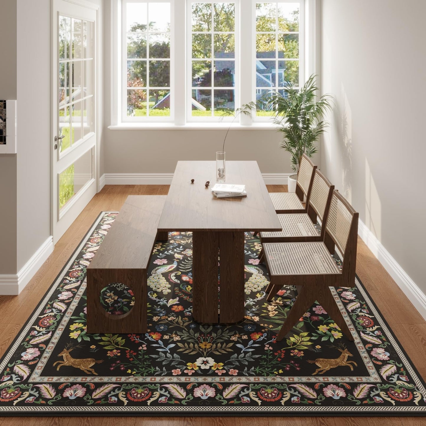 Living Room Rug 5x7 Rug Machine Washable Area Rug Floral Non-Slip Low Pile Large Rugs for Living Room, Bedroom, Farmhouse, Dining Room, Kids Playroom (Vibrant Black)