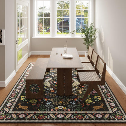 Living Room Rug 5x7 Rug Machine Washable Area Rug Floral Non-Slip Low Pile Large Rugs for Living Room, Bedroom, Farmhouse, Dining Room, Kids Playroom (Vibrant Black)