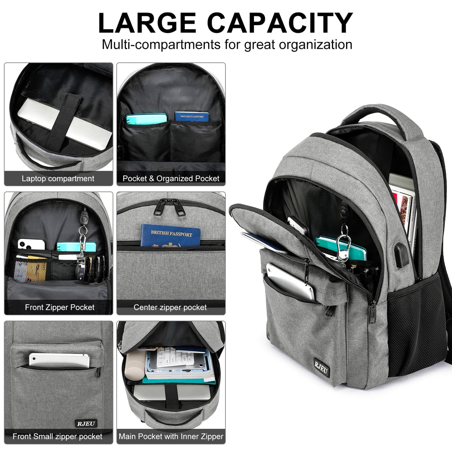 RJEU School Backpack for Teen Boys & Girls Students, 15.6 Inch Laptop Backpack with USB Charging Port - College Business Travel Bookbag, Grey