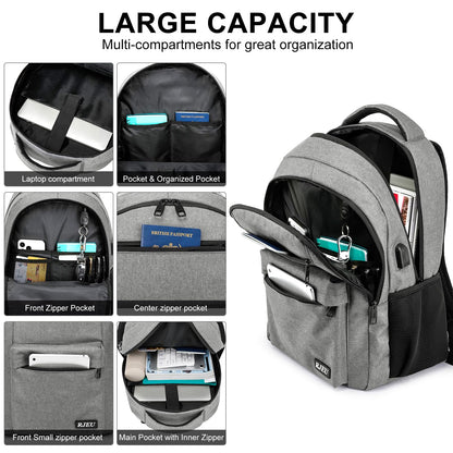 RJEU School Backpack for Teen Boys & Girls Students, 15.6 Inch Laptop Backpack with USB Charging Port - College Business Travel Bookbag, Grey
