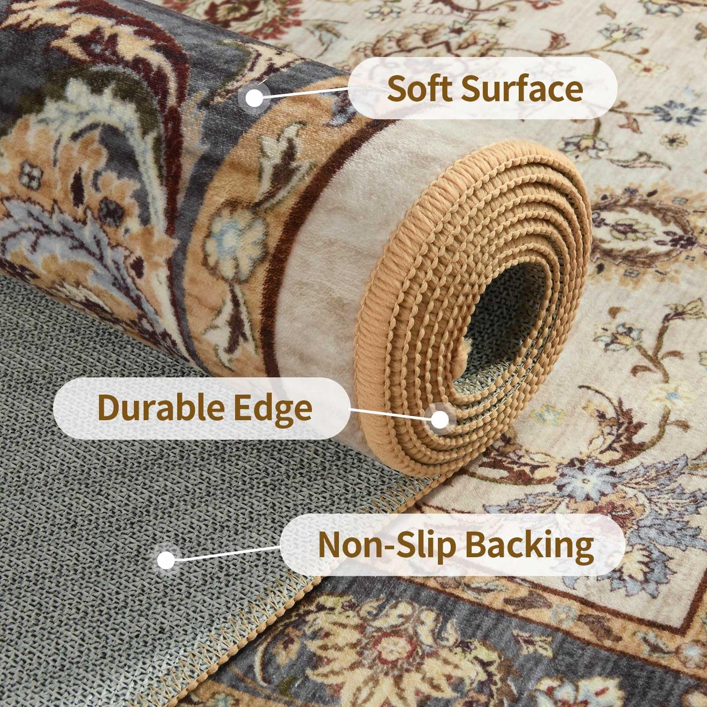 4x6 Ft Washable Area Rug for Bedroom, Non Slip Rugs for Living Room Ultra-Thin Accent Indoor Floor Carpet for Nursery Playroom Home Decor (Beige Yellow)