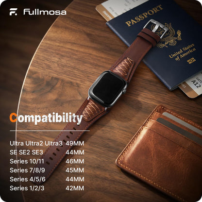 Fullmosa Leather Band Compatible with Apple Watch Ultra 3/2/1 Band 49mm 46mm 45mm 44mm 42mm Men, Top Grain Leather Replacement Strap for iWatch series 11 10 9 8 7 6 5 4 3 2 1, SE 3 2 1,Dark Brown+Silver