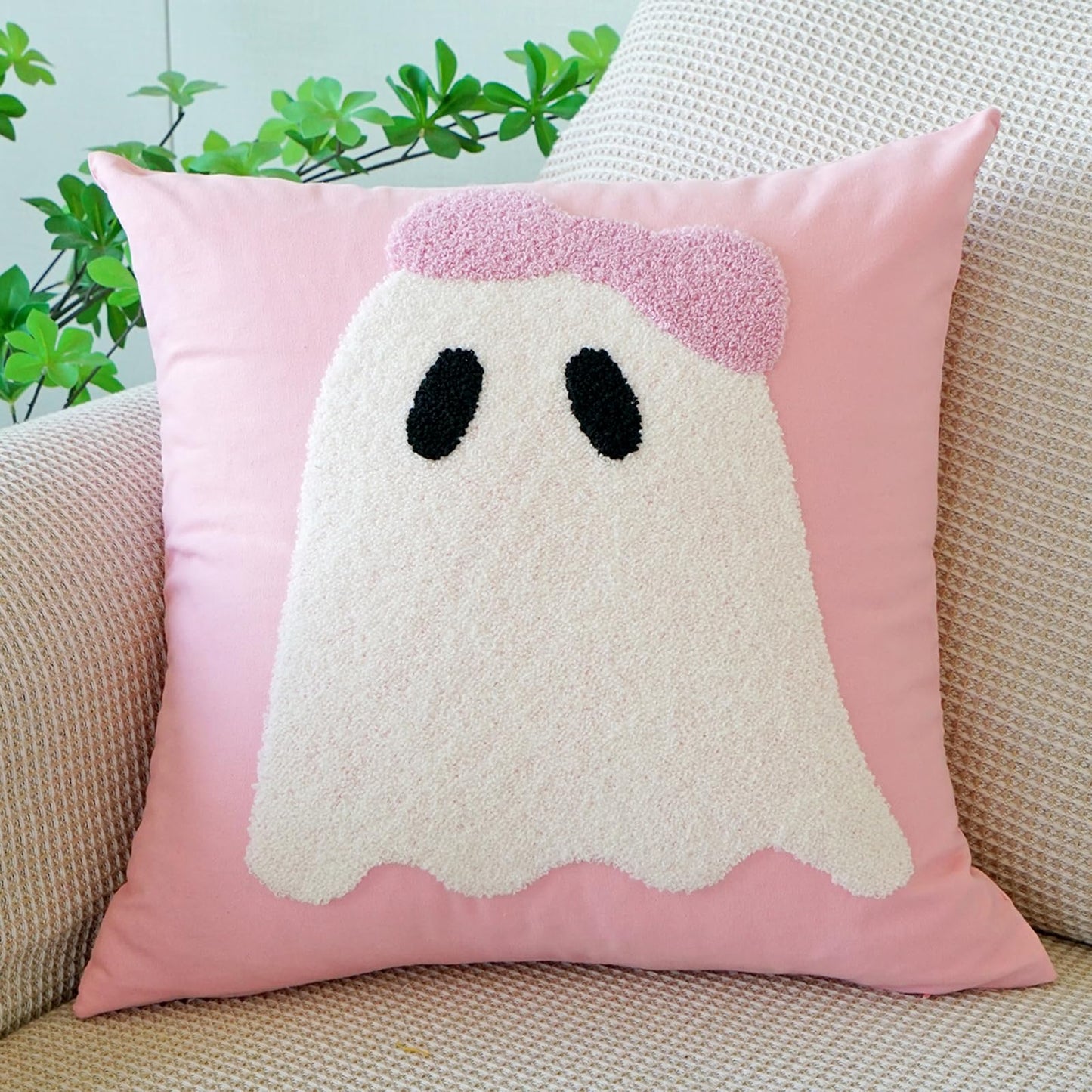 vctops Halloween Pillow Covers, Halloween Decorations Cute Ghost Spooky Tufted Throw Pillow Cases Soft Cotton Couch Cushion Case for Chair Sofa Bedroom Living Room Home Decor (Pink C,18"x18")