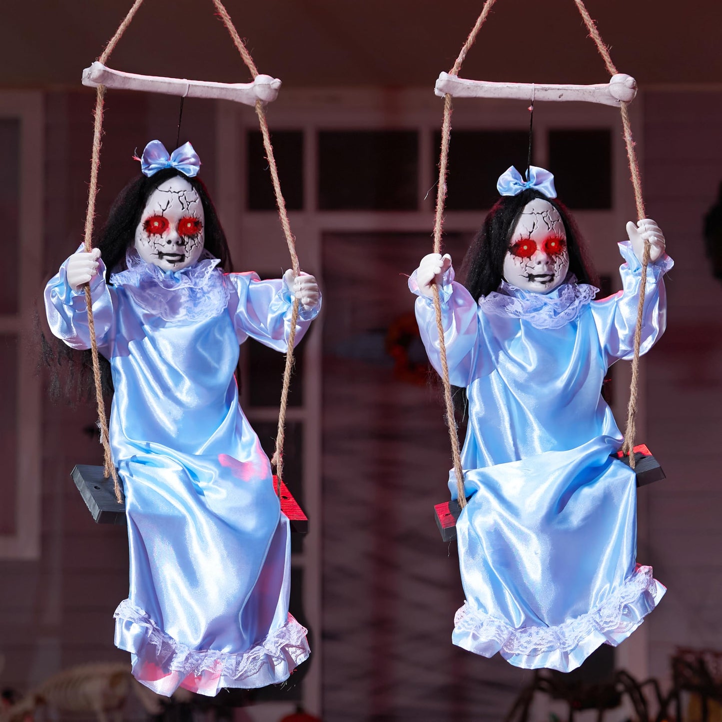 JOYIN 2 Pcs Hanging Ghosts Halloween Decorations Outdoor, 3ft Blue Swinging Creepy Sister Ghost with LED Red Light Eyes Creepy Girl Twins Doll Decor for Indoor Flying Props for Yard Patio Lawn Garden
