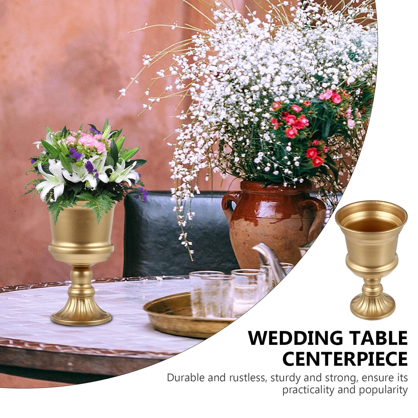 Yardwe Iron Urn Planter, Rustic Metal Flower Pots Decoration Vase for Wedding Party Home Garden Porch Front Door Decoration (Gold)