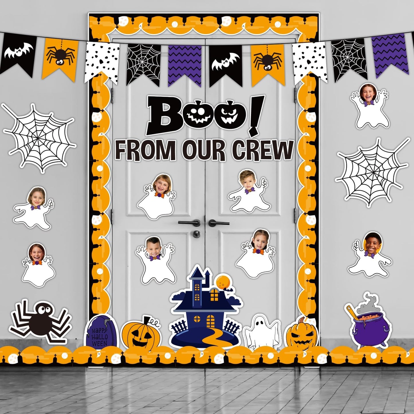 Halloween Ghost Bulletin Board Set Classroom Decorations Pumpkin Castle Paper Cutouts BOO Ghost Pattern Spider Web DIY Photos Bulletin Board Halloween Party Back to School Nursery Classroom Wall Decor