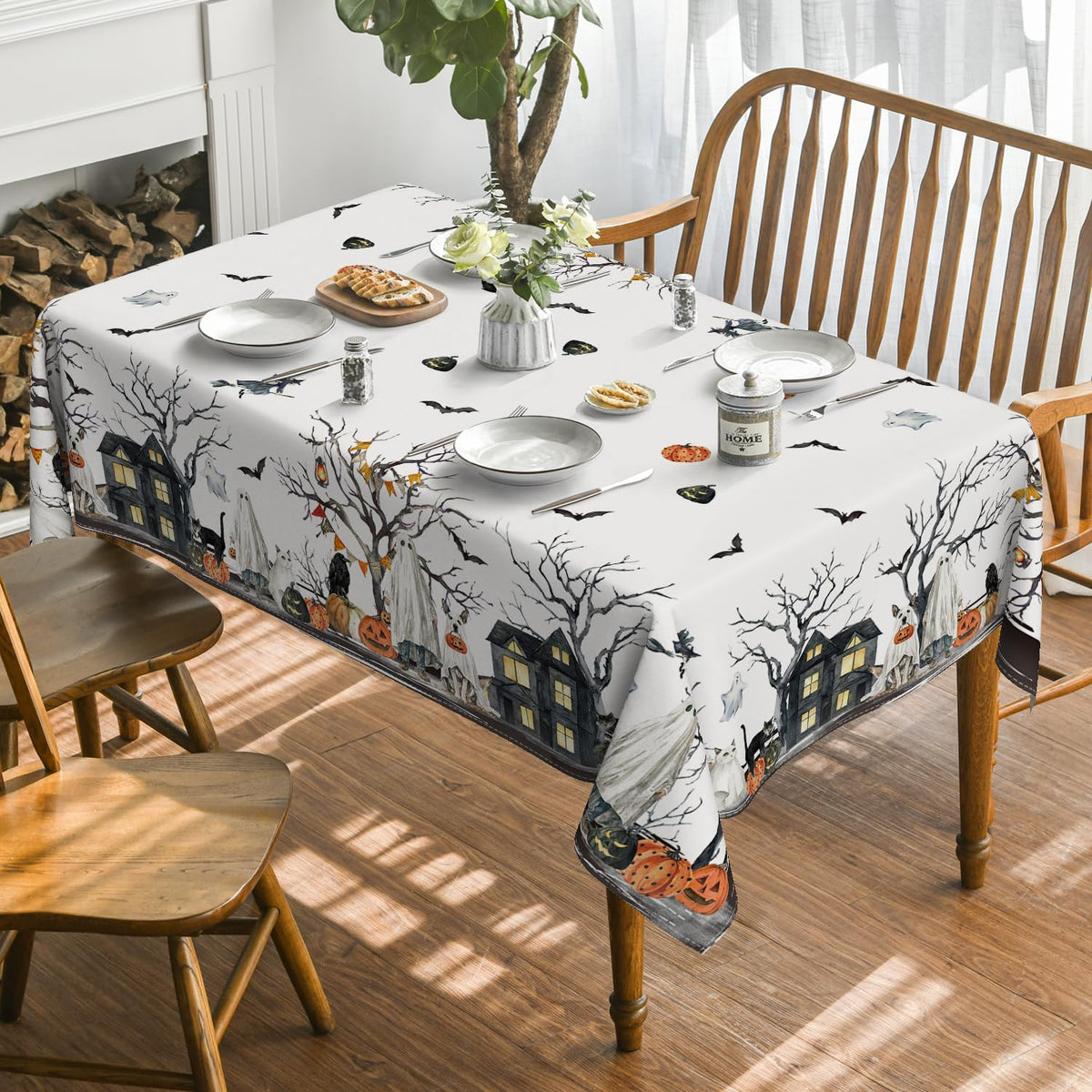 Horaldaily Halloween Tablecloth 60×104 Inch Rectangular, Jack-O-Lantern Pumpkin Cobweb Ghost Dog Washable Table Cover for Party Picnic Dinner Decor