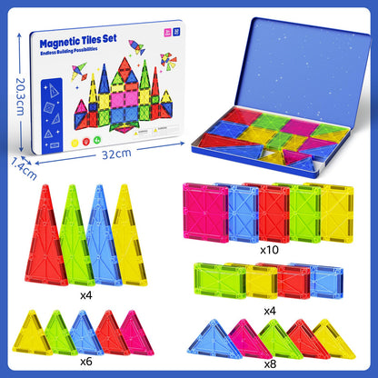 MEIQ Jumbo Magnetic Tiles with Secure Metal Case, 32 Pcs Large Magnetic Building Blocks for Kids 3-8, STEM Toys for Toddlers, Preschool Learning Montessori Toys, Age 3+ Boy Girl Gift