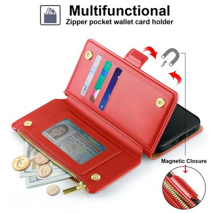 Antsturdy Compatible with iPhone 17 Wallet Case Women,RFID Blocking PU Leather Phone Case Men Kickstand Flip Folio Cover Wrist Strap Zipper Credit Card Holder Slots for Apple 17 6.3",Red