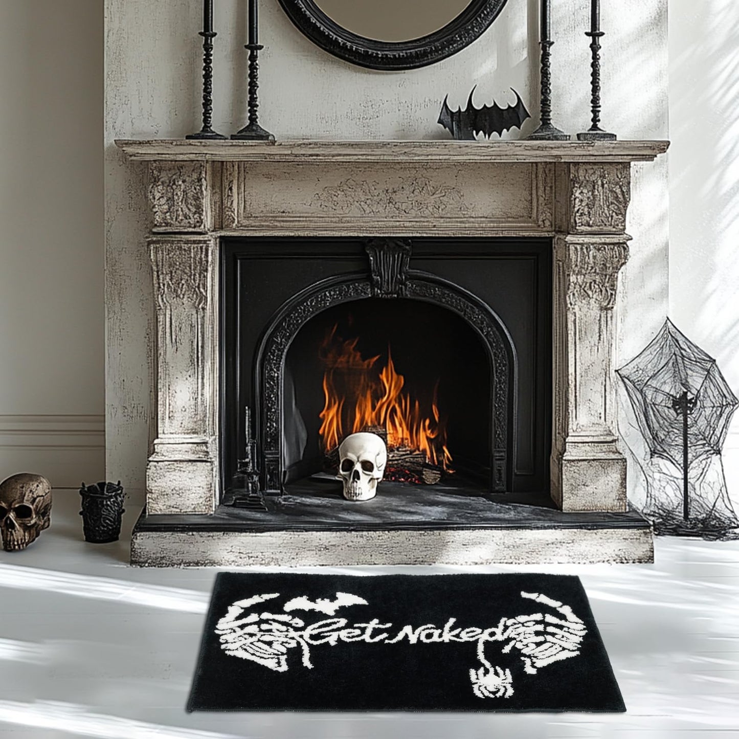 Lindameler Get Naked Gothic Bath Mat Black White Gothic Bathroom Rug Skull Skeleton Get Naked Bath Mat Non-Slip Rug Washable Goth Bath Rug for Front Door, Bedroom, Living Home Decor 20x32 inch