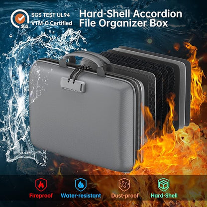 DocSafe Fireproof File Organizer with Lock, Hard-Shell Case Fireproof Document Box with 13 Pocket Accordion File Folder, Portable Home Office Travel Safe Storage for Important Documents Laptop Gray