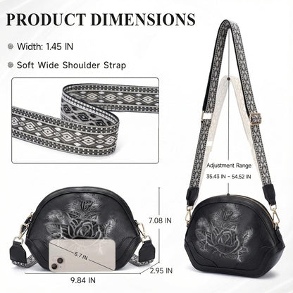 VIMUTI Embossed Rose Crossbody Bags for Women, Soft Vegan Leather Small Purse with Adjustable Wide Strap, Boho Shoulder Handbag with Multi Pockets, Lightweight Everyday Bag
