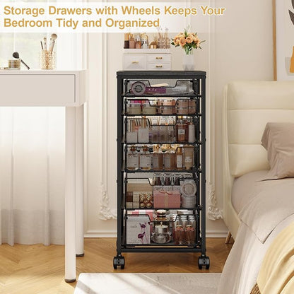 Sbanmao 6 Drawers Rolling Utility Cart, Rolling Storage Cart with Wooden Tabletop, Storage Drawer Cart on Lockable Wheels, Craft Cart for Bedroom, Classroom, Office, Black