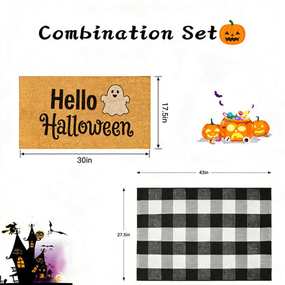 SKYPEA 2 Pcs Halloween Coir Doormat for Home 27.5 x 43 Inches with Black & White Buffalo Plaid Rug, Layered Non Slip Welcome Mats for Halloween Party, Patio & Indoor Outdoor Decor