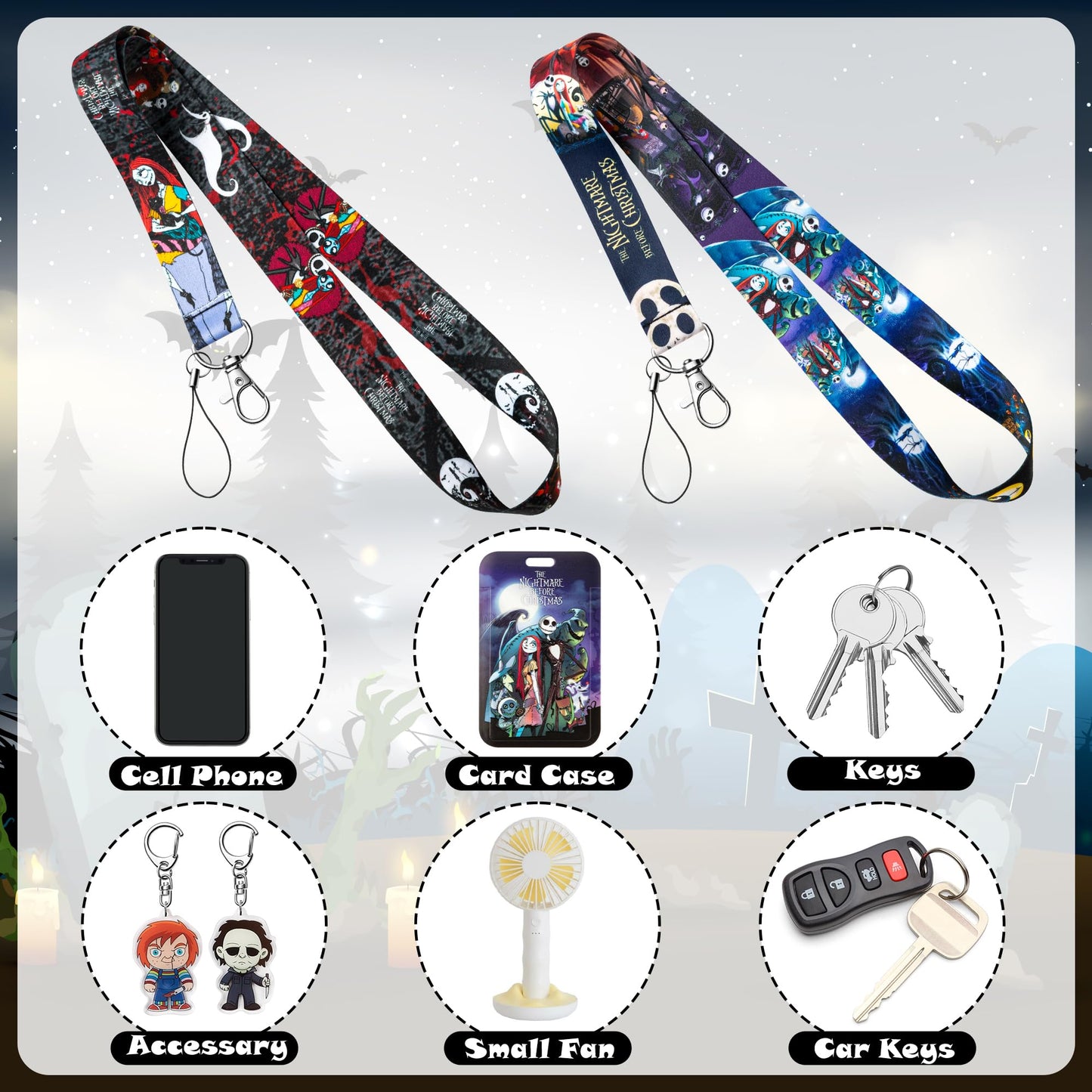 CFuguier Halloween Badge Holder Lanyards - 2 Sets Heavy Duty Halloween Goth ID Badge Card Holder Neck Lanyard Women Men Teacher Nursing Student Nurse Office School Cell Phone Keychain Wallet Car Keys