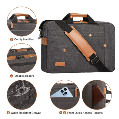 ESTARER Laptop Computer Bag for Men 3 In 1, 17-17.3 Inch Laptop Messenger Bag for Business/Work/Travel, Convertible Backpack Briefcase Water resistant Canvas Laptop Backpack (Grey)