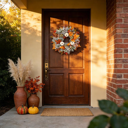 MAINGKAUNG Artificial Fall Wreath 22 Inch Fall Wreaths for Front Door with White Pumpkins Oeange Maple Leaves Lamb's Ear and Berries Autumn Wreath Thanksgiving Harvest Wreath for Festival Wall Porch