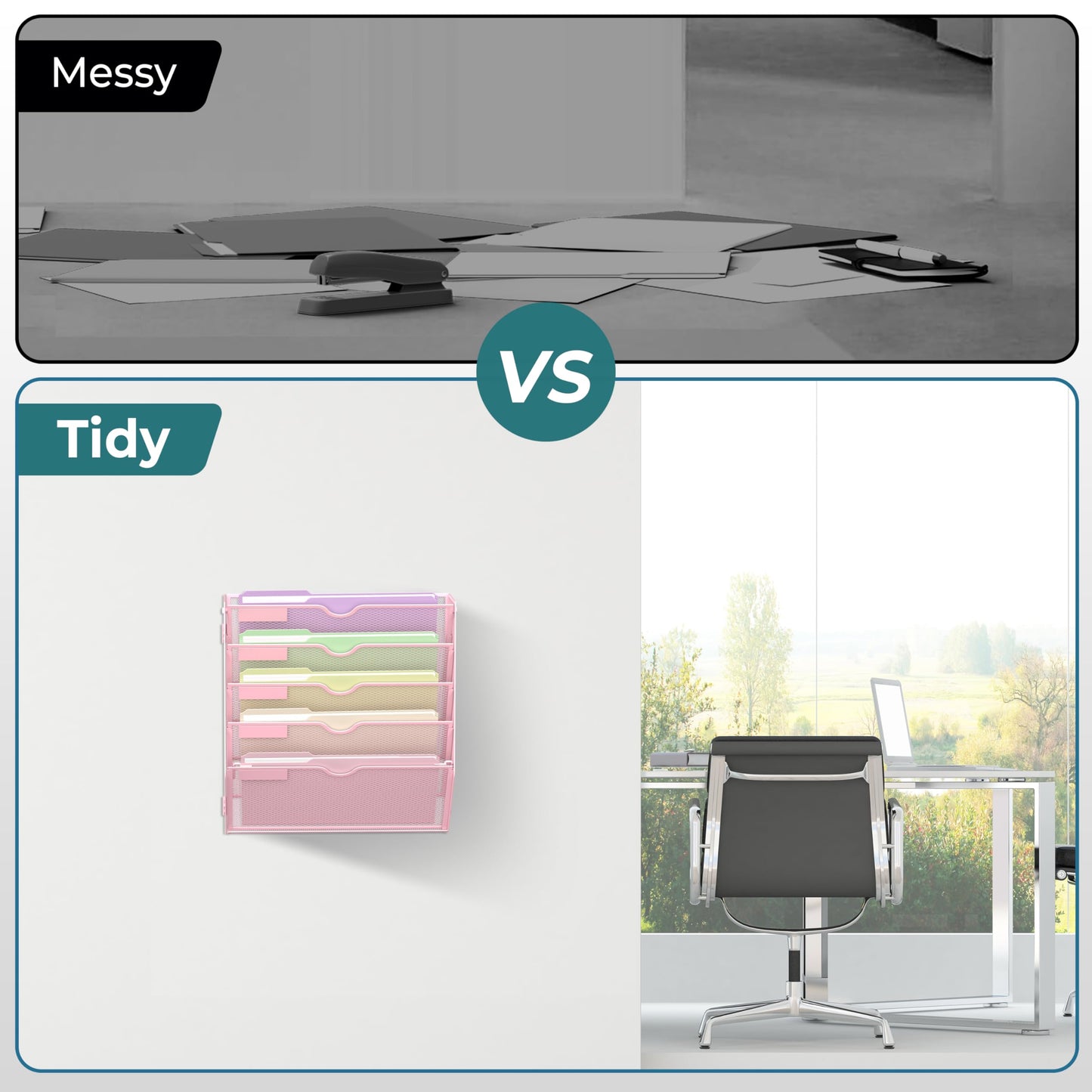 SUPEASY 5 Tier Wall File Organizer, Hanging Wall Mounted Mail Organizer with Label Slots, Metal Mesh File Holder Magazine Rack for Office, Home, School, Pink