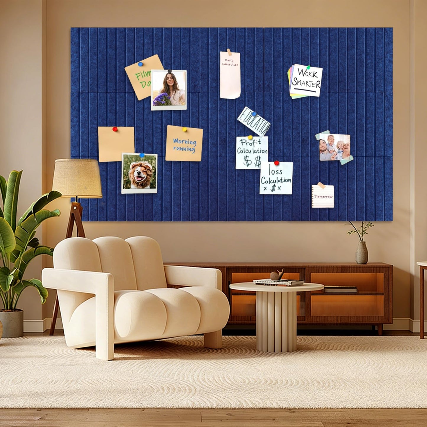 15 Pack Felt Bulletin Board, 35" x 59" Large Royal Blue Pinboard with 30 Push Pins, Felt Pin Board, Self-Adhesive Cork Board Tiles for Home, Office Walls, School Classroom Message Photos Display