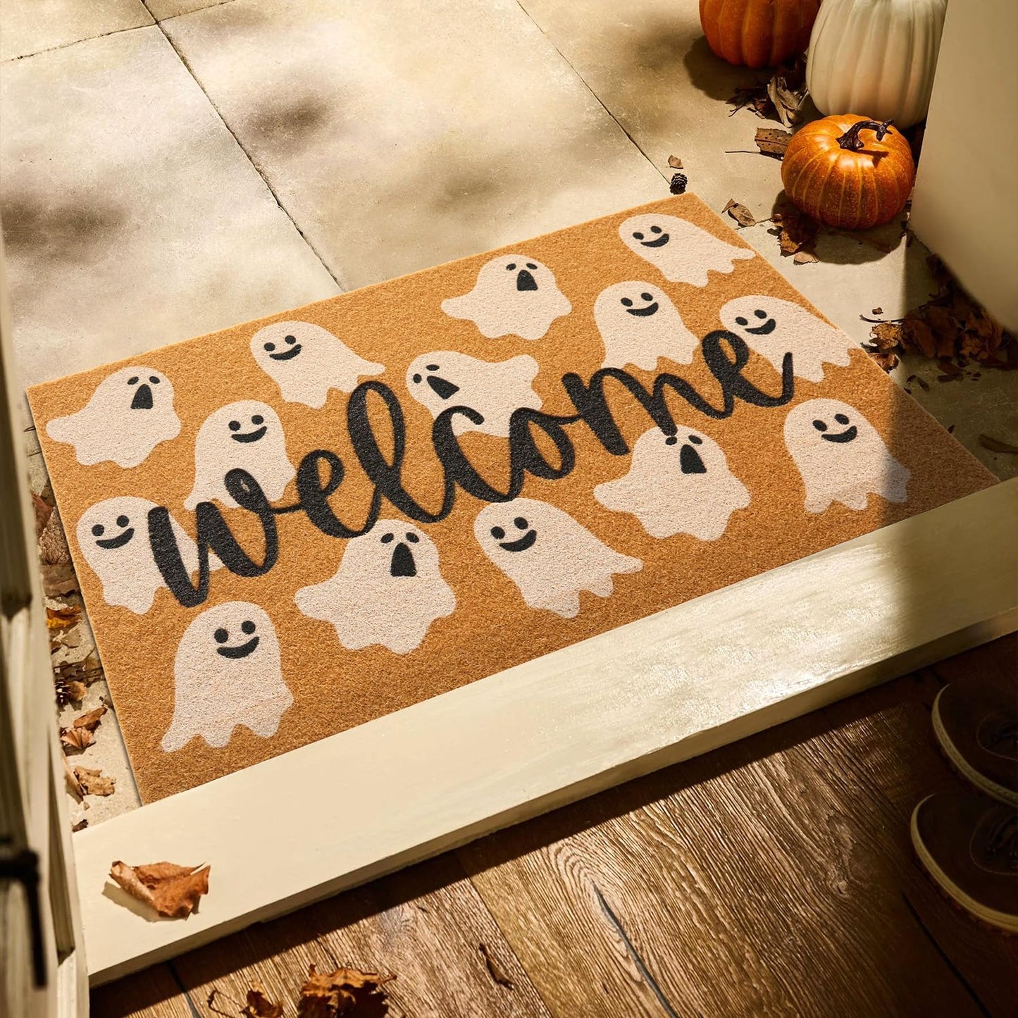 TYUU Halloween Door Mat Spooky Ghost Welcome Mat for Front Door Outdoor Entrance Doormat Coir Dirt Trapper with Non Slip Backing, 17x30, Welcome Ghost