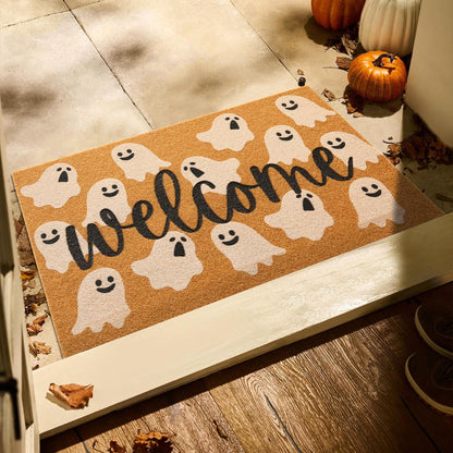 TYUU Halloween Door Mat Spooky Ghost Welcome Mat for Front Door Outdoor Entrance Doormat Coir Dirt Trapper with Non Slip Backing, 17x30, Welcome Ghost