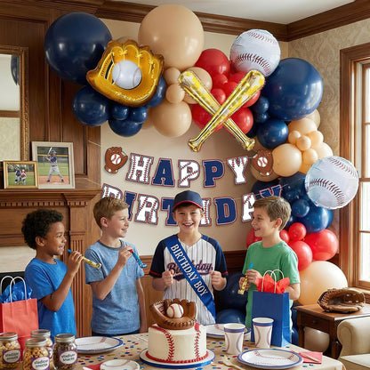 Baseball Birthday Party Decorations Navy Blue Red Nude Balloon Arch With Baseball Bat & Glove Balloons and Happy Birthday Banner For Sports Rookie year 1st birthday Baby Shower Supplies Decoration