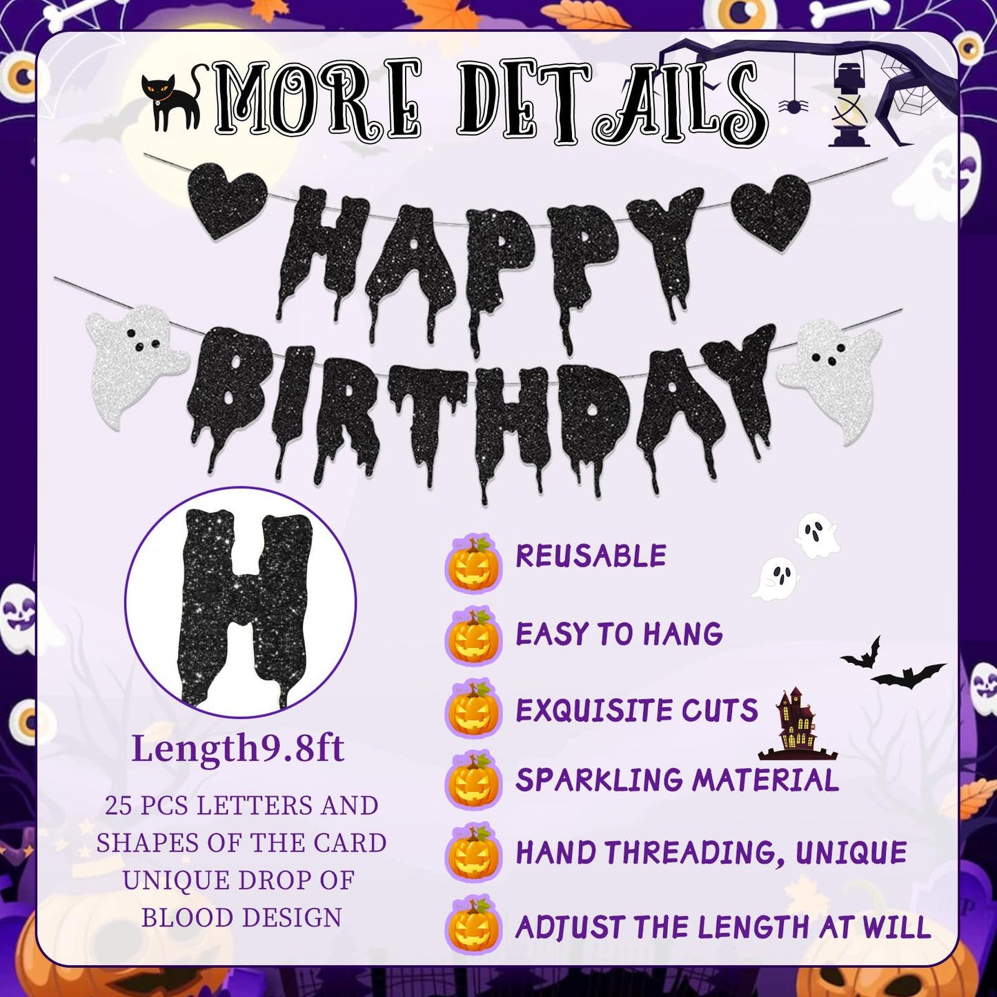 Black Glitter Halloween Birthday Banner White Ghost Garland Halloween Birthdays Party Decorations for Spooky Birthday Decorations Supplies