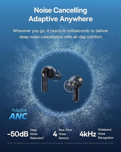 Baseus Bass BP1 Pro Noise Cancelling Wireless Earbuds, Real-Time Adaptive Noise Cancelling, Adaptive Active EQ, LDAC Hi-Res Sound, 6-Mic AI Clear Calls, 55H Playtime, IP55 Waterproof, Bluetooth 6.0