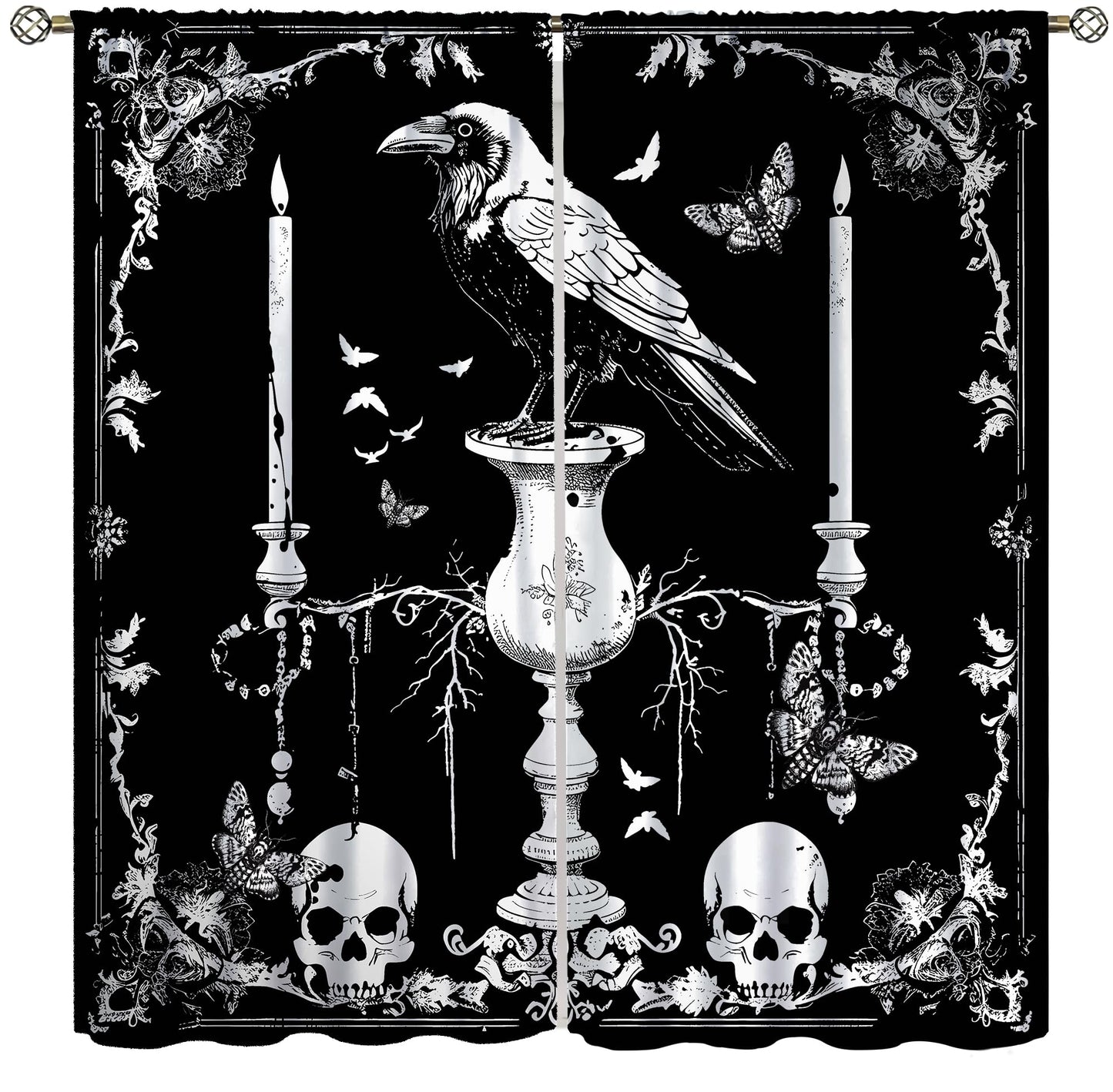 AAVEUP Gothic Crow Curtains for Boys,Mysterious Simple Eerie Skull Moth Raven Candle Flower Window Drapes Print for Halloween Kids Boys Girls Bedroom Living Room Bathroom 42x45in