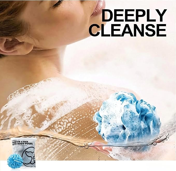 Loofah Bath Sponges - Gentle Exfoliating Shower Loofah for Rich Lather, Durable Mesh Body Scrubber for Men & Women 4 Pack (Sky Blue) | Durable mesh creates rich lather, soft exfoliating loofah for men & women daily shower