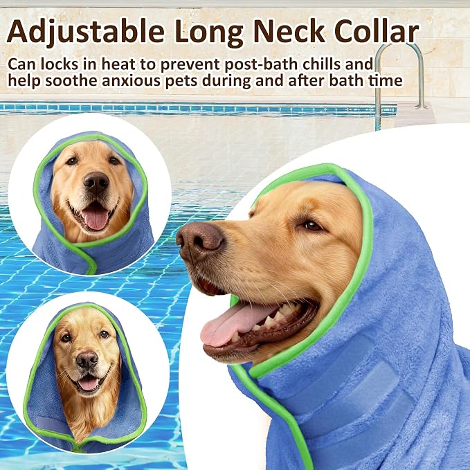Soft Dog Bathrobe Fast Drying Dog Coat, Super Absorbent Dog Towels for After Bath, Microfiber Pet Robe Adjustable Collar & Belly Warm Keeping Dogs Coat for Pet Dogs & Cats (Blue, Large)