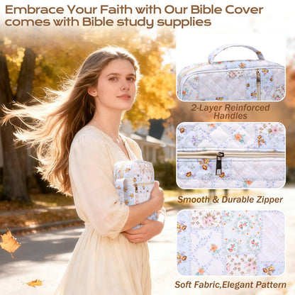 XKDOUS Bible Cover Case for Women Large Bible Bag w/Handle, Tabs, Pens, Study Supplies Organizer Journaling Kit Quilted Book Carrying Case Christian Gifts for Mom, Lady, Friends