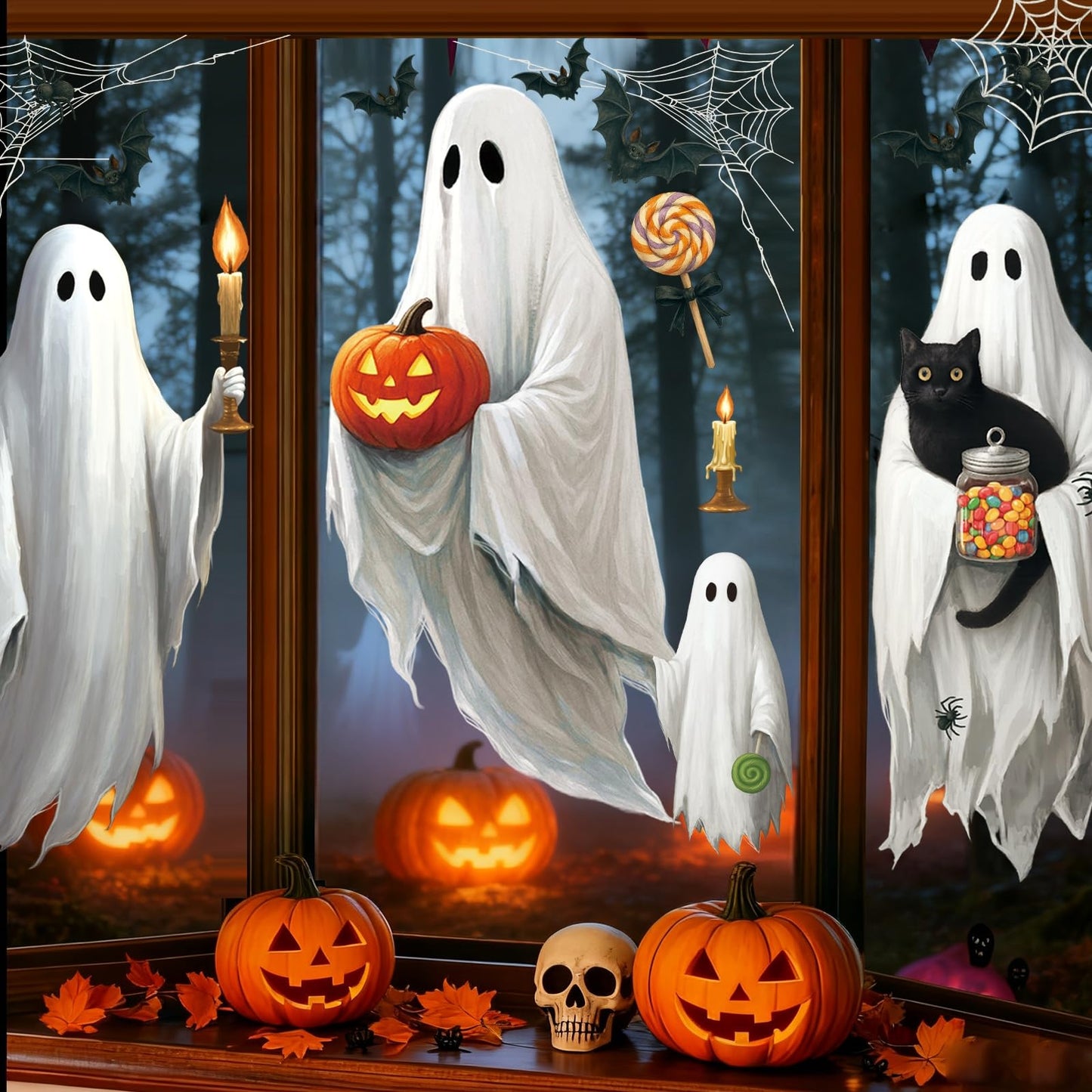 AhfuLife 4 Sheets Large Halloween Ghost Window Stickers Decorations, 16.9" x 35.4", Big Spooky Ghost Window Clings Double Side Reusable Decals for Halloween Home Bar Shop Street Party Decorations