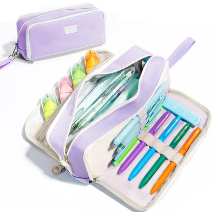 Four Candies Puple Pencil Case 3 Compartment Pouch, Large Pencil Case for School, Girls, Teen Boys, Women, Puple, Removable Handle & Zipper, Cute Pencil Bag for Office, College