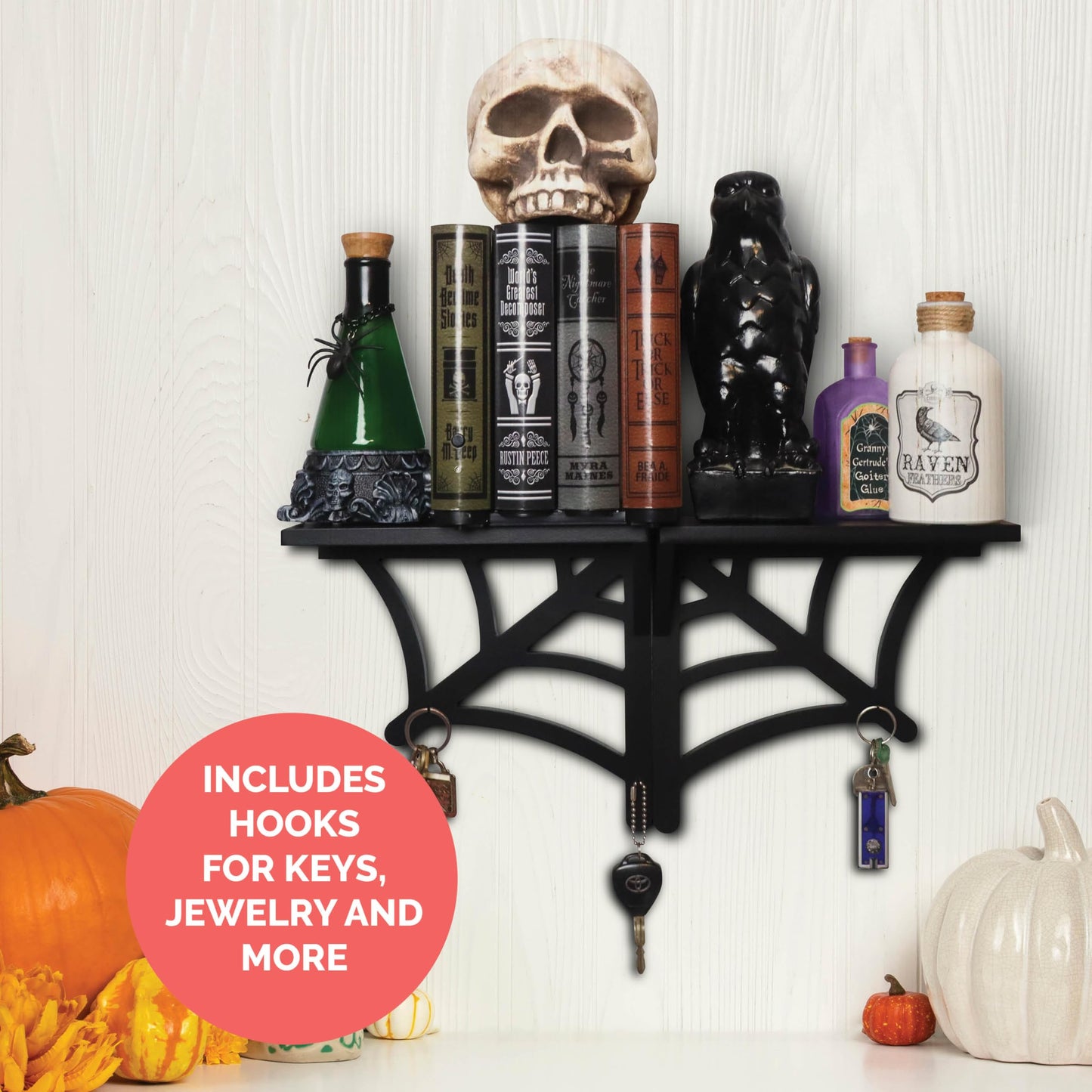 BELL BOOK AND CANDLE 2 PC Spider Web Floating Shelves - Hang Separately or Together - Spooky Gothic Decor - Goth Oddities Shelf - Horror Bookshelf