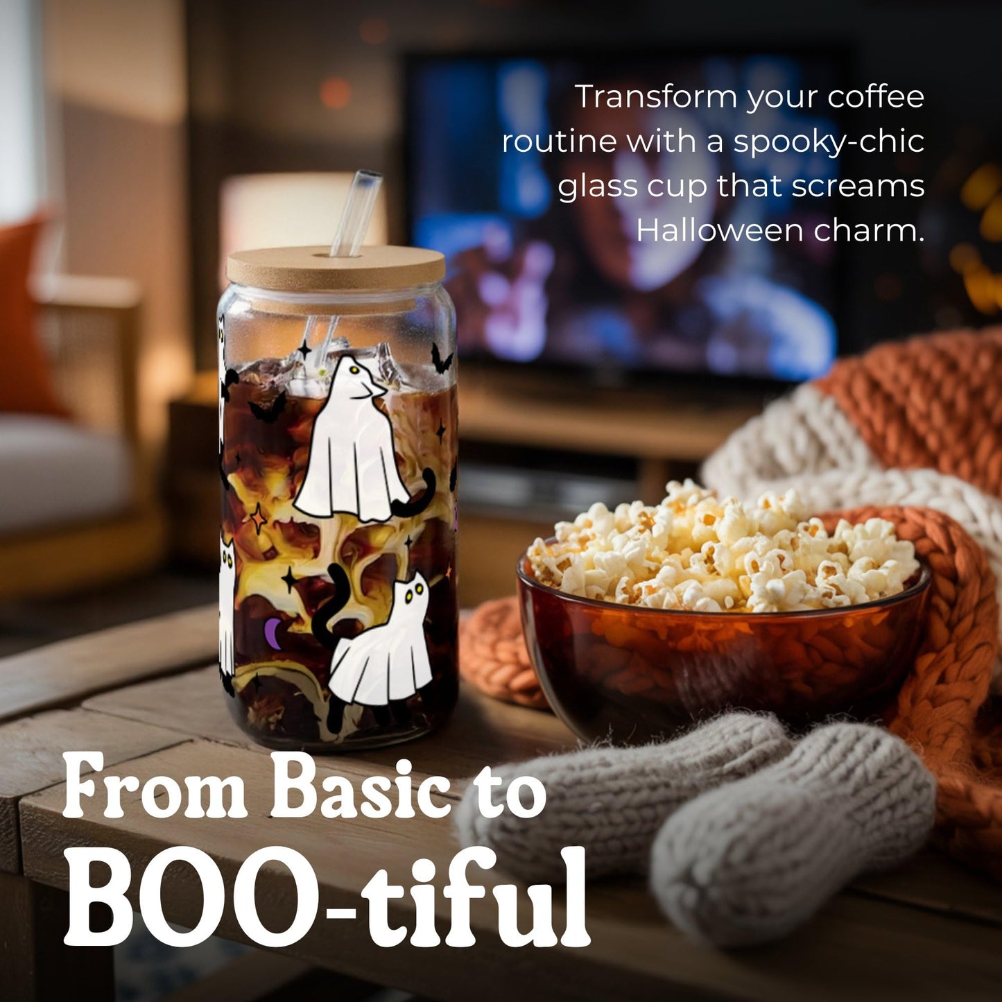 Halloween Ghost Cat Cups - Cute Halloween Gifts Spooky Boo Basket Stuffers for Women Teens Boy Girls Kids - 16oz Glass Iced Coffee Cup w/ Lids and Straw - Ideal for Trick or Treat Party Favors Decor