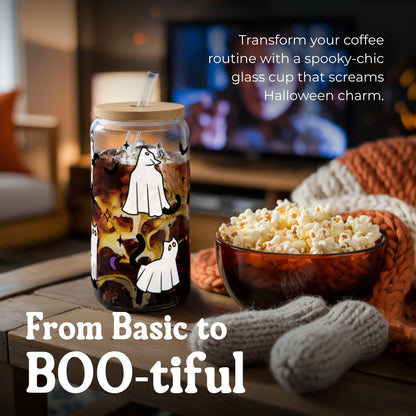 Halloween Ghost Cat Cups - Cute Halloween Gifts Spooky Boo Basket Stuffers for Women Teens Boy Girls Kids - 16oz Glass Iced Coffee Cup w/ Lids and Straw - Ideal for Trick or Treat Party Favors Decor