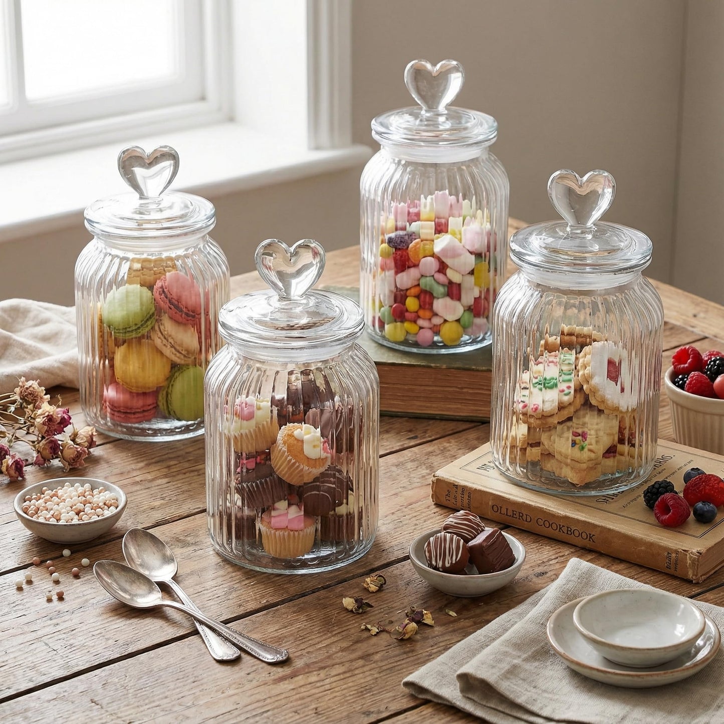 Potchen 4 Sets 32oz Cookie Jars Glass Candy Jar with Heart Lids Decorative Heart Containers Food Storage Canister with Airtight Lid for Valentines Party Table Decoration(Clear Lid)