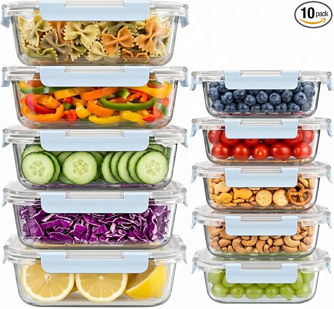 Dealusy 10 Sets (20-Piece) 4.5 Cup & 1.5 Cup Glass Food Storage Containers with lids, Airtight Leak-proof Glass Meal Prep Containers with Lids, Microwave Oven Freezer Dishwasher Safe, Blue