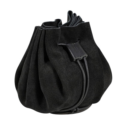 Mythrojan medieval leather pouch suede drawstring belt bag for larp, viking, renaissance cosplay, coin & jewelry waist purse (black, 3.8" x 3.8")