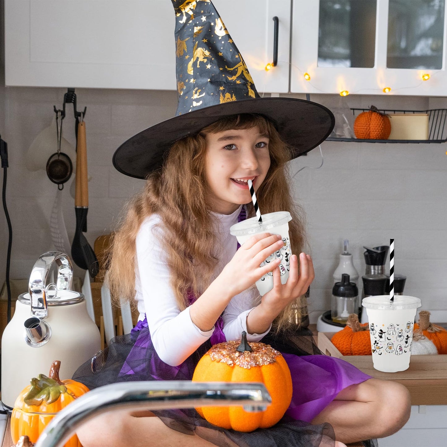 Whaline 50 Pcs Halloween Disposable Plastic Cups with Lids and Straws Spooky Reading Book Ghost Theme Cold Beverage Drinking Cups for Trick or Treat Birthday Party Supplies