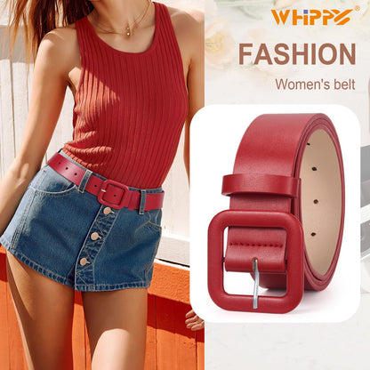 WHIPPY Women Leather Belt Candy Color Fashion Square Buckle Belt Ladies Belt for Jeans Pants Dresses, Bright Red, M